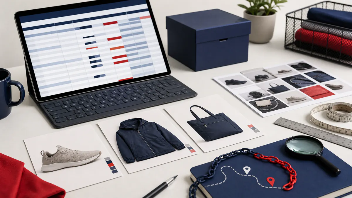 A spreadsheet review desk with product references, measurements, inspection photos and link notes.